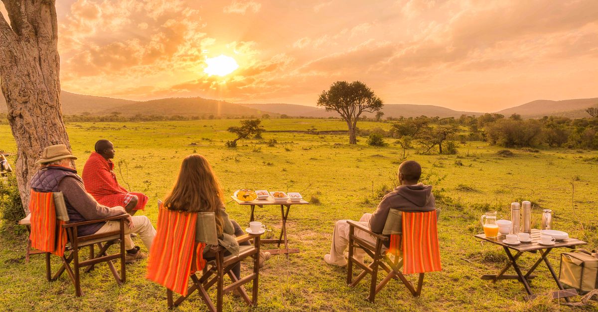 Four people enjoy a sunset picnic in the African savanna, surrounded by nature and serene views.
